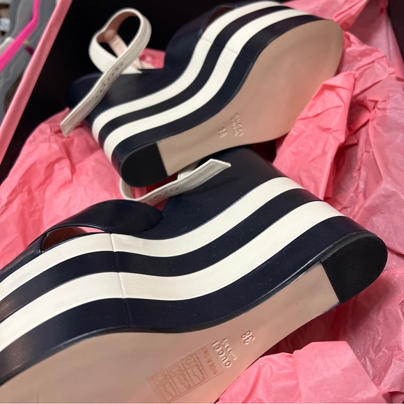 Gucci stripes sally Blue/White Leather Striped Sally Platform Wedge Sandals new - Picture 8 of 9